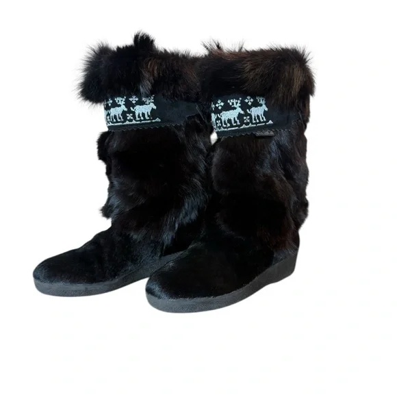 AUTHENTIC TECNICA BLACK FUR BOOTS WITH EMBROIDERED REINDEER 41 Italian/ US 9.5